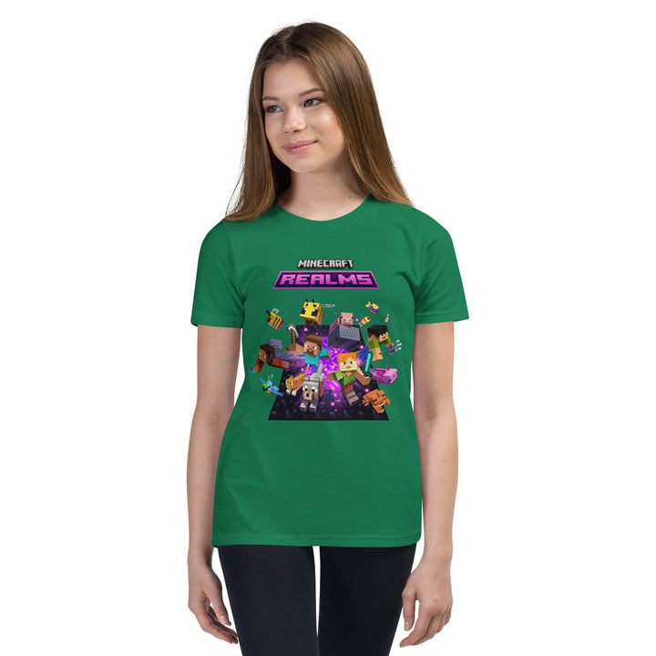 Green t-shirt with Minecraft Realms graphic worn by a person on a white background.