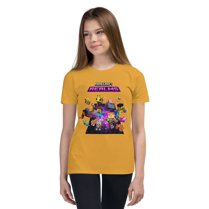 Person wearing a yellow t-shirt with a colorful graphic design on a white background.