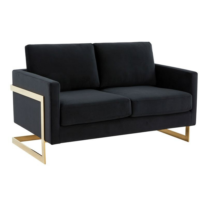 LeisureMod Lincoln Modern Mid-Century Upholstered Velvet Loveseat with Gold Frame Midnight Black