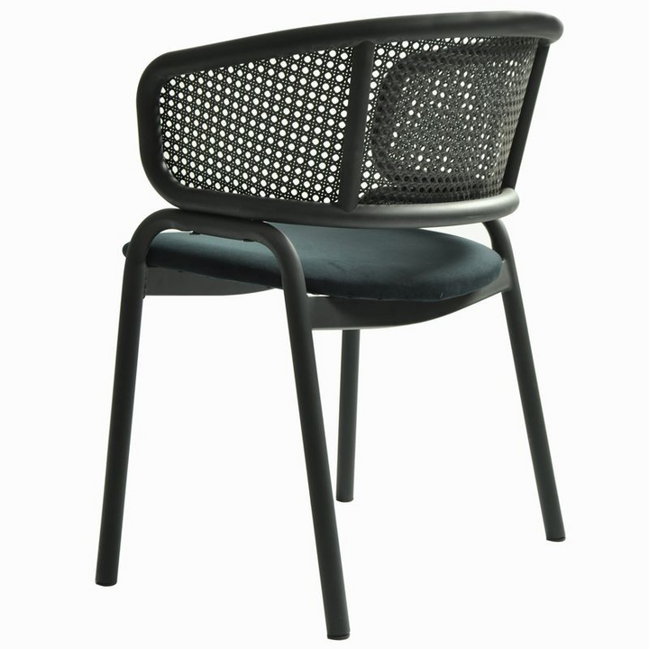 LeisureMod Ervilla Dining Armchair in Black Steel Frame with Black Wicker Back and Black Seat Back Photo.