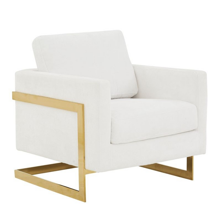 LeisureMod Lincoln Boucle Fabric Accent Armchair with Gold Stainless Steel Frame and Removable Back Cushion in White