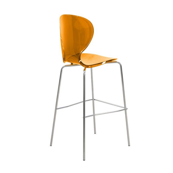 LeisureMod Oyster Acrylic Barstool with Steel Frame in Chrome Finish in Transparent Orange Back View.