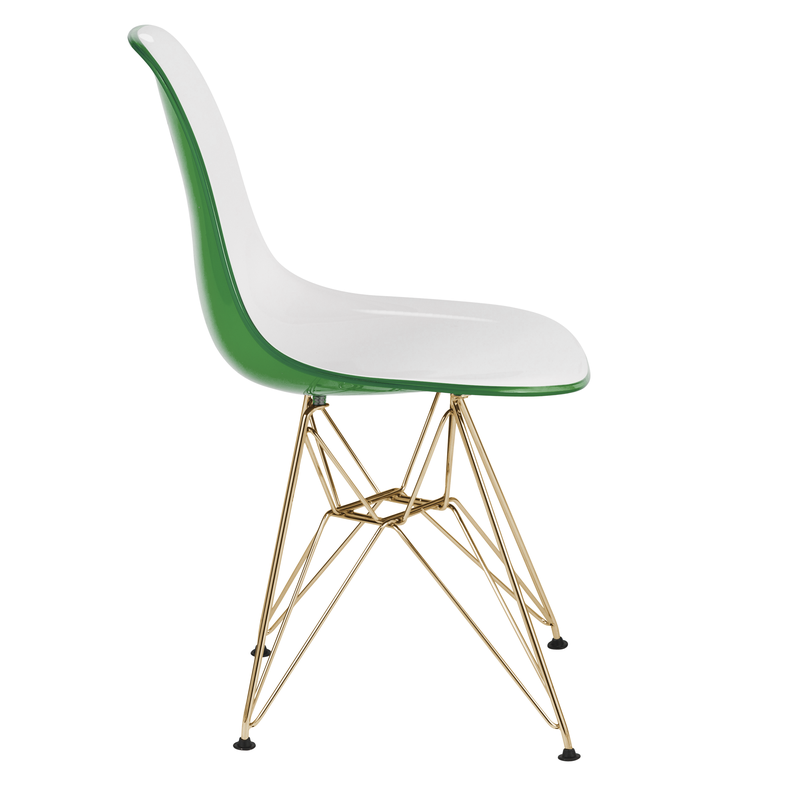 LeisureMod Cresco Molded 2-Tone Eiffel Side Chair with Gold Base in White Green Side View.