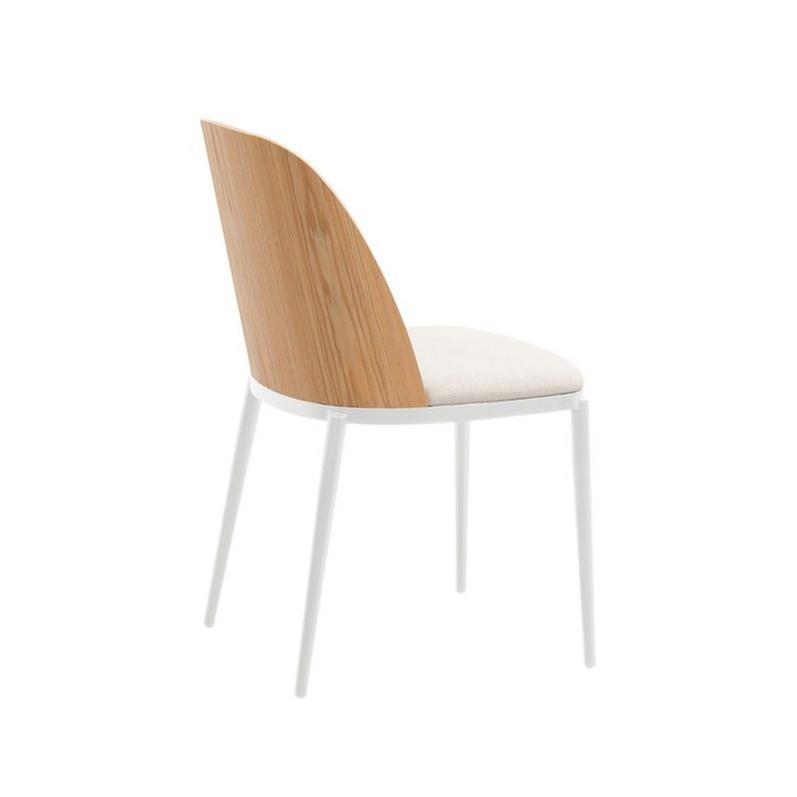 LeisureMod Tule Mid-Century Modern Dining Side Chair with Velvet Seat and White Powder-Coated Steel Frame Natural Wood/Beige Back Angle.