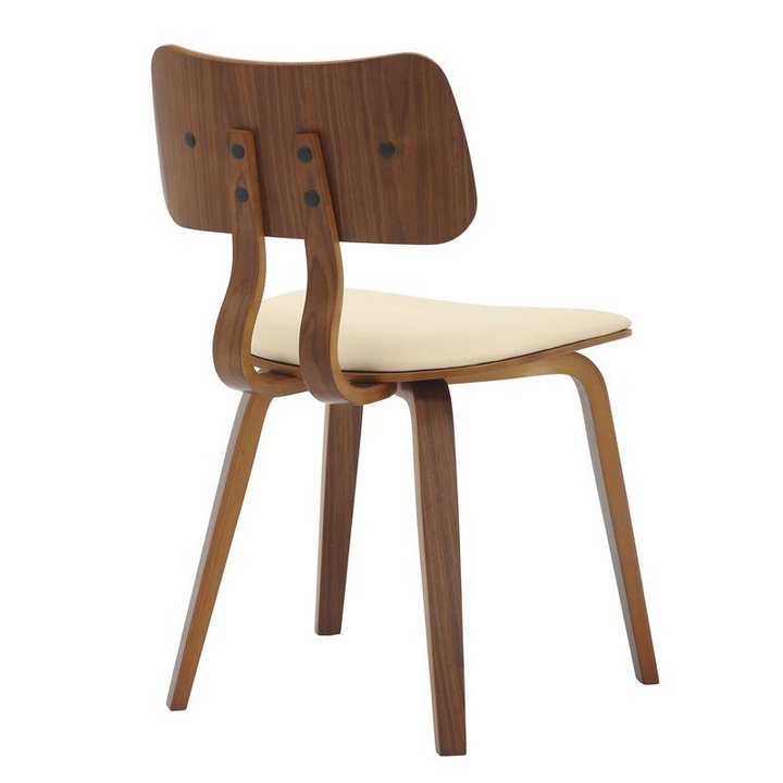 Modern Wooden Dining Chair with Walnut Color Frame in Cream in the Clivo Collection Back Angle Photo.