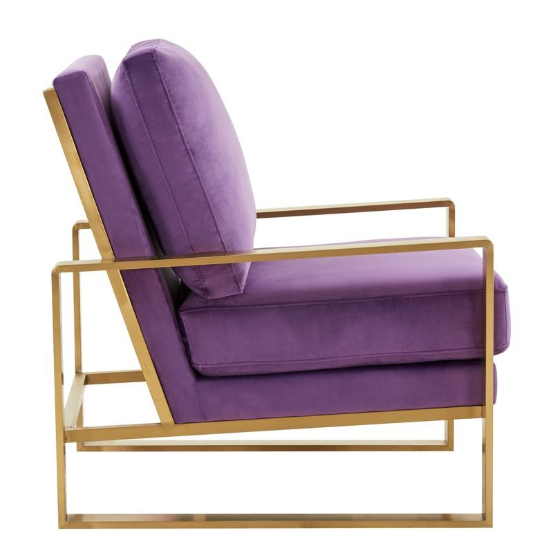 LeisureMod Jefferson Velvet Design Accent Armchair with Gold Brass Finish Frame Purple Side View.