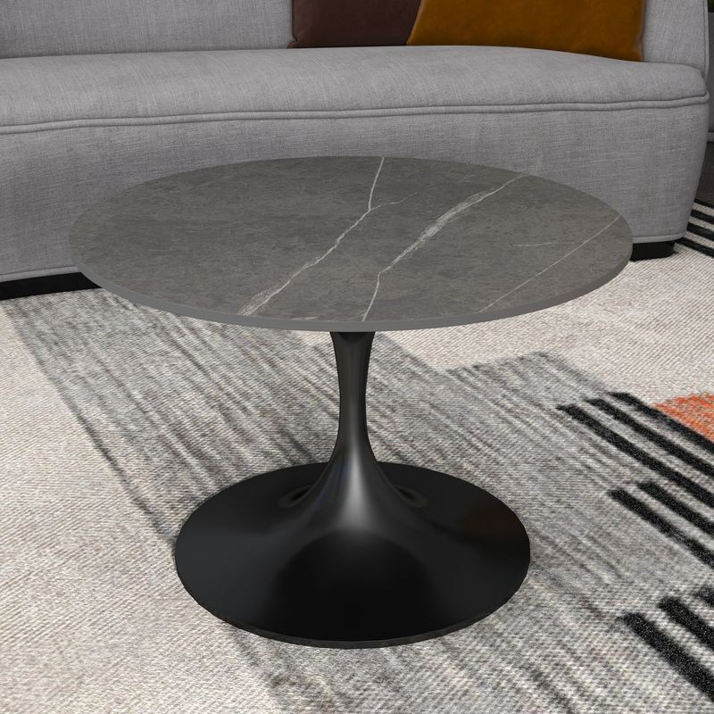 LeisureMod Verve Coffee Table Black Base with 27" Round Grey Sintered Stone Top
