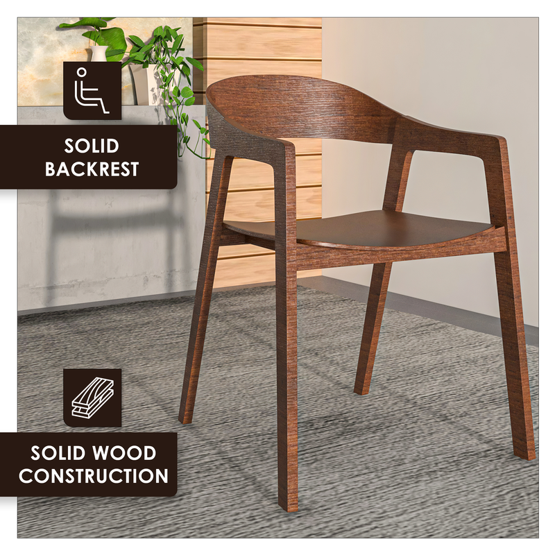 Wooden chair with solid backrest and wood construction text on a gray floor.