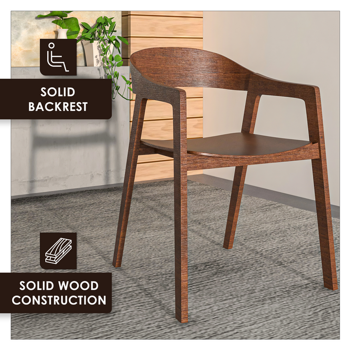 Wooden chair with solid backrest and wood construction text on a gray floor.