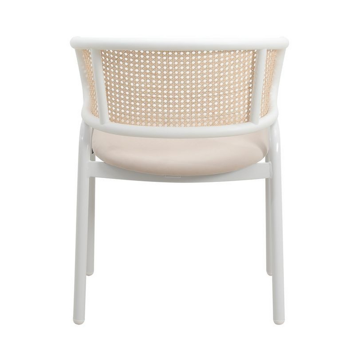 Leisuremod Ervilla Modern Dining Chair with White Powder Coated Steel Legs and Wicker Back Beige Photo.