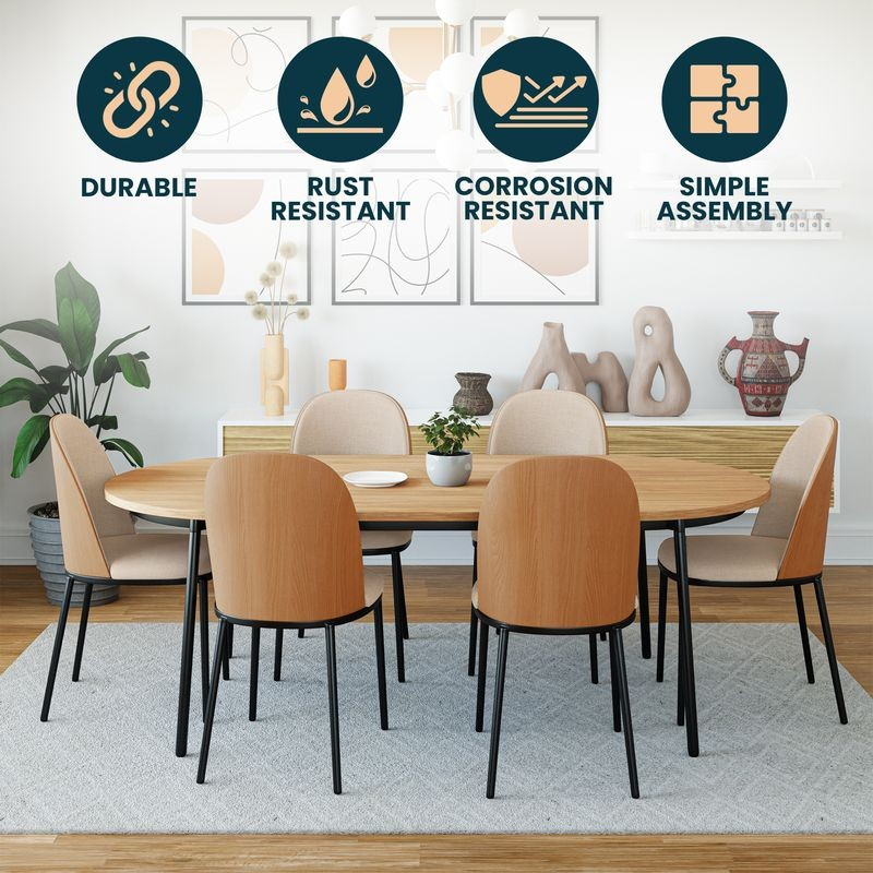 Dining table set with chairs in a room setting, featuring durability, rust resistance, corrosion resistance, and simple assembly icons.