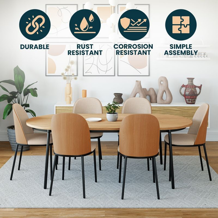 Dining table set with chairs in a room setting, featuring durability, rust resistance, corrosion resistance, and simple assembly icons.
