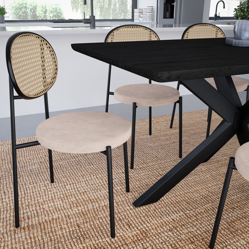 LeisureMod Euston Modern Wicker Dining Chair with Velvet Round Seat Beige in Room.