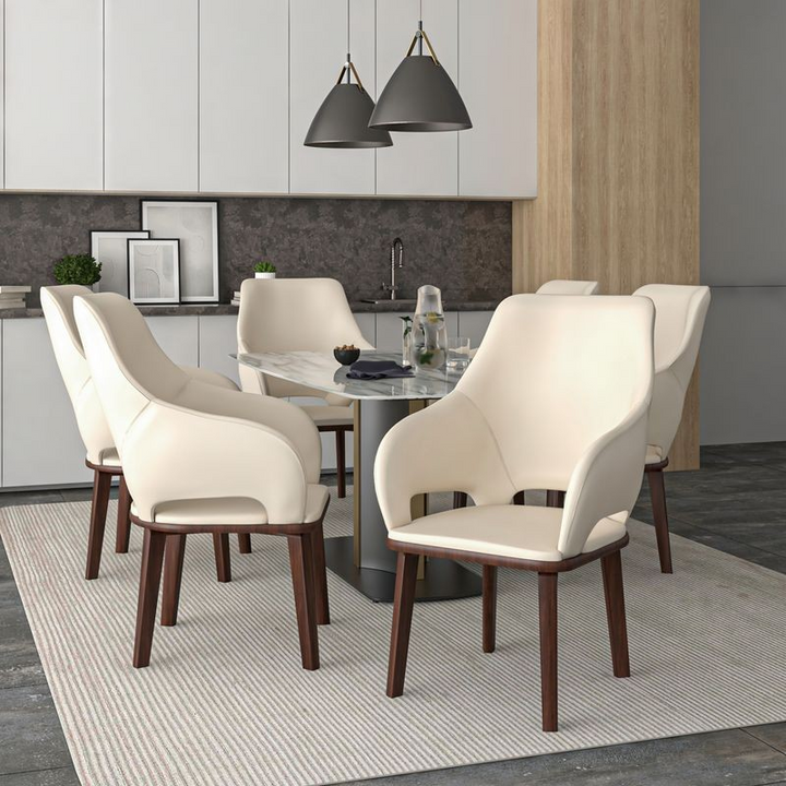 LeisureMod Vivara Collection Modern Dining Chair in Light Toupe at Table.