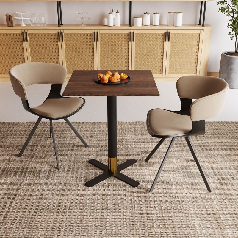 LeisureMod Vail Collection Dining Table Black/Gold X Base With 24" Square Dark Brown MDF Top in Room.
