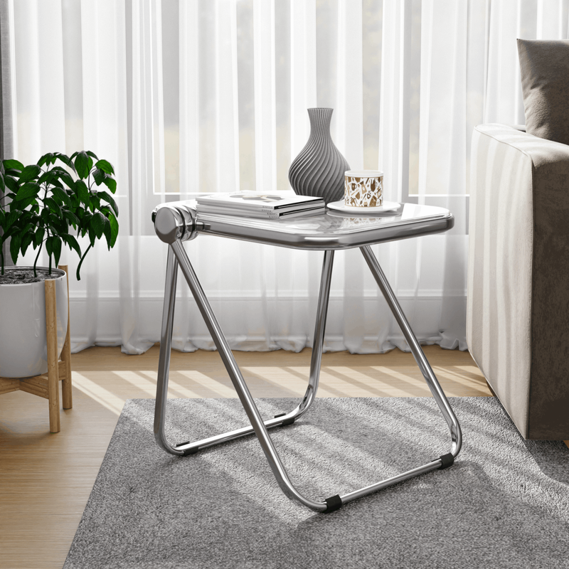 LeisureMod Lawrence Mid-Century Modern Rectangular Folding Side Table in Chrome Finish with Plastic Tabletop and Aluminum Frame Clear