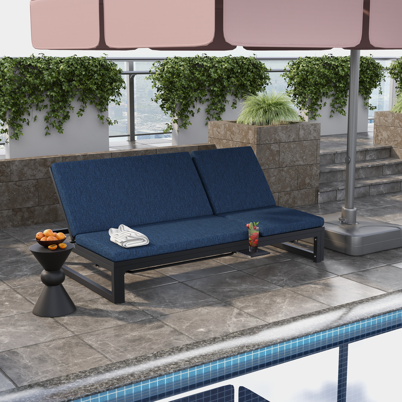 LeisureMod Chelsea Convertible Lounge Reclining Double Chaise with Cushions Blue Poolside.