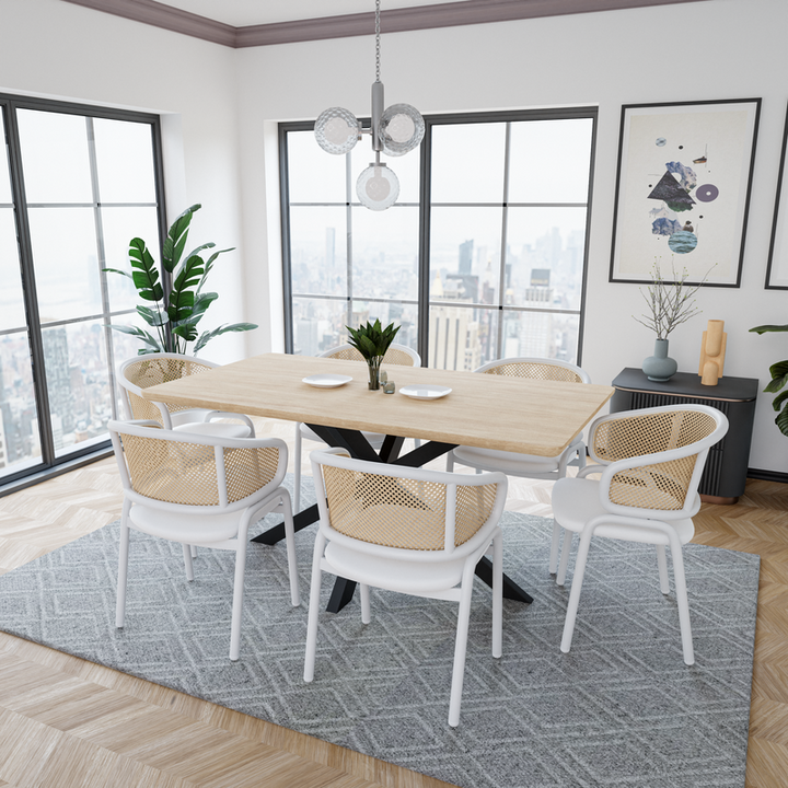 Leisuremod Ervilla Modern Dining Chair with White Powder Coated Steel Legs and Wicker Back White in Dining Room.