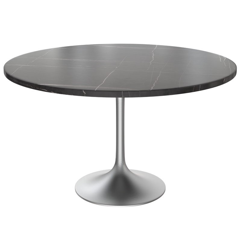 LeisureMod Verve Collection 48 Round Dining Table, Brushed Chrome Base with Sintered Stone Black Top
