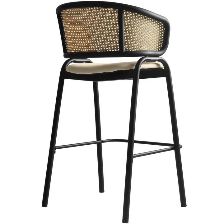 LeisureMod Ervilla Wicker Bar Stool with Fabric Seat and Black Steel Frame in Beige Leather Back View.