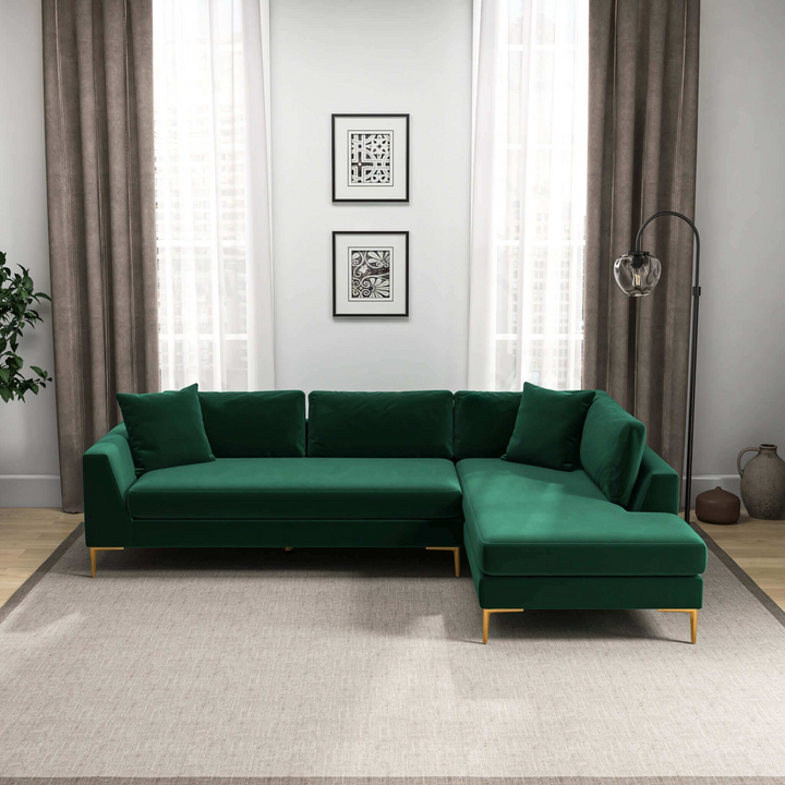 Mano L-Shaped Velvet Sectional Sofa in Green Right Facing