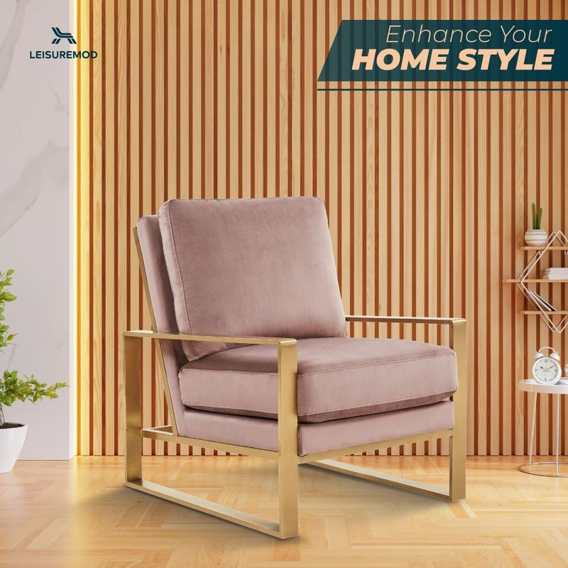 LeisureMod Jefferson Velvet Design Accent Armchair with Gold Brass Finish Frame Pink