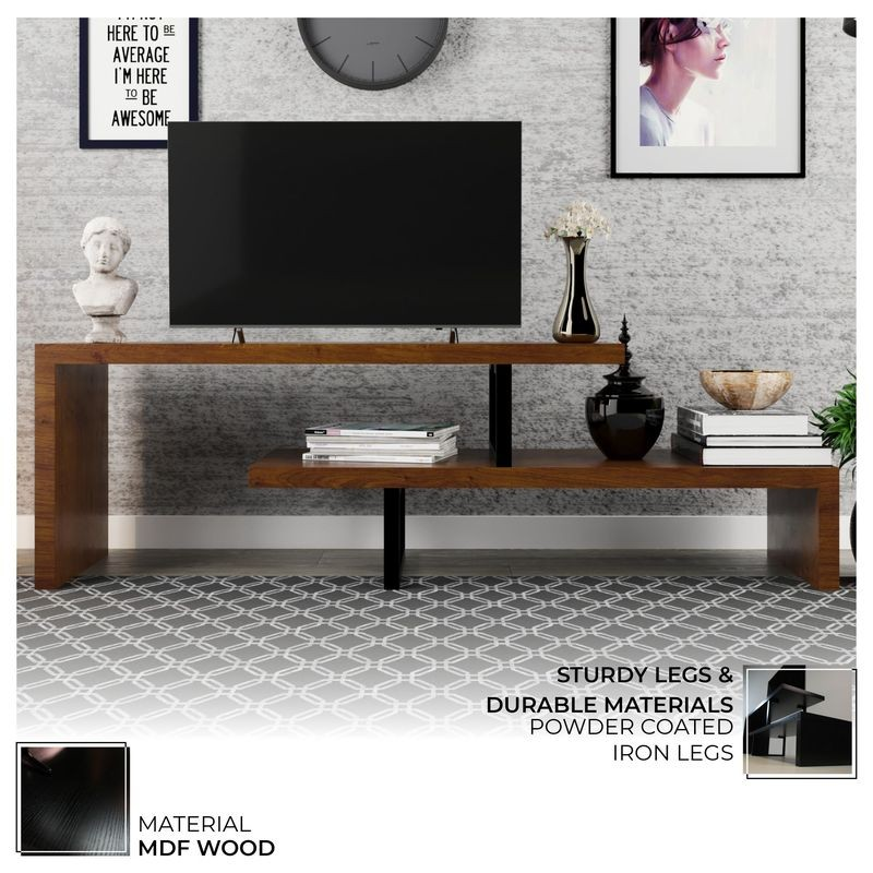 LeisureMod Orford Mid-Century Modern TV Stand with MDF Shelves and Powder Coated Iron Legs in Walnut Details.