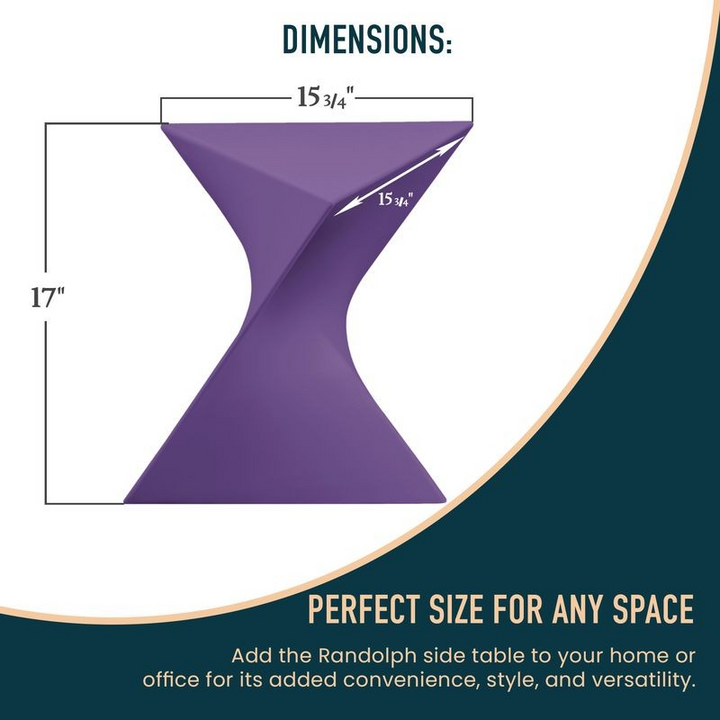 Purple side table with dimensions on a white and green background.