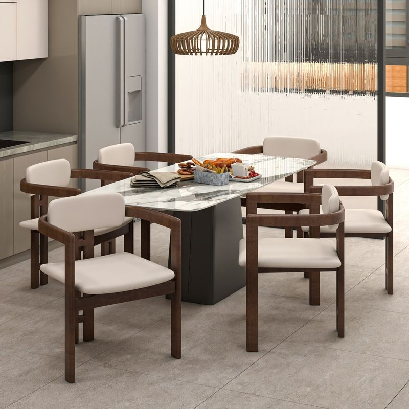 LeisureMod Velo Series Modern Dining Chair in Walnut Color Wood with Toupe Seat at Table.