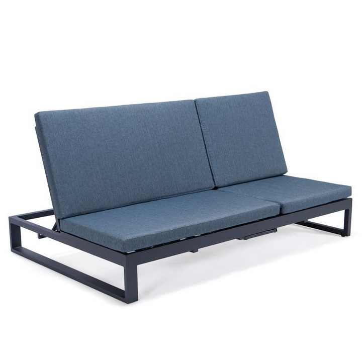 LeisureMod Chelsea Convertible Lounge Reclining Double Chaise with Cushions Blue
