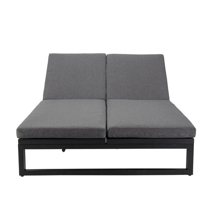 LeisureMod Chelsea Convertible Lounge Reclining Double Chaise with Cushions Black Front View.
