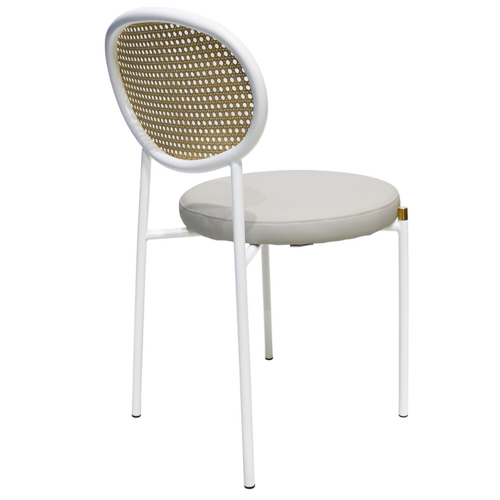 LeisureMod Euston Modern Wicker Dining Chair with White Frame and Leather Seat in White Set of 2 Back Angle Photo.