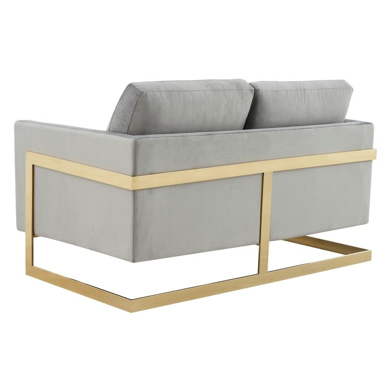 LeisureMod Lincoln Modern Mid-Century Upholstered Velvet Loveseat with Gold Frame Light Grey Back View.