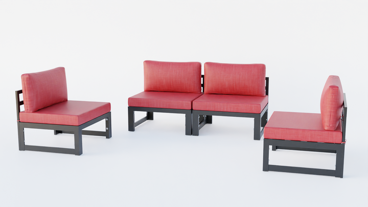 LeisureMod Chelsea 4-Piece Middle Patio Chairs Black Aluminum with Cushions Red Photo.
