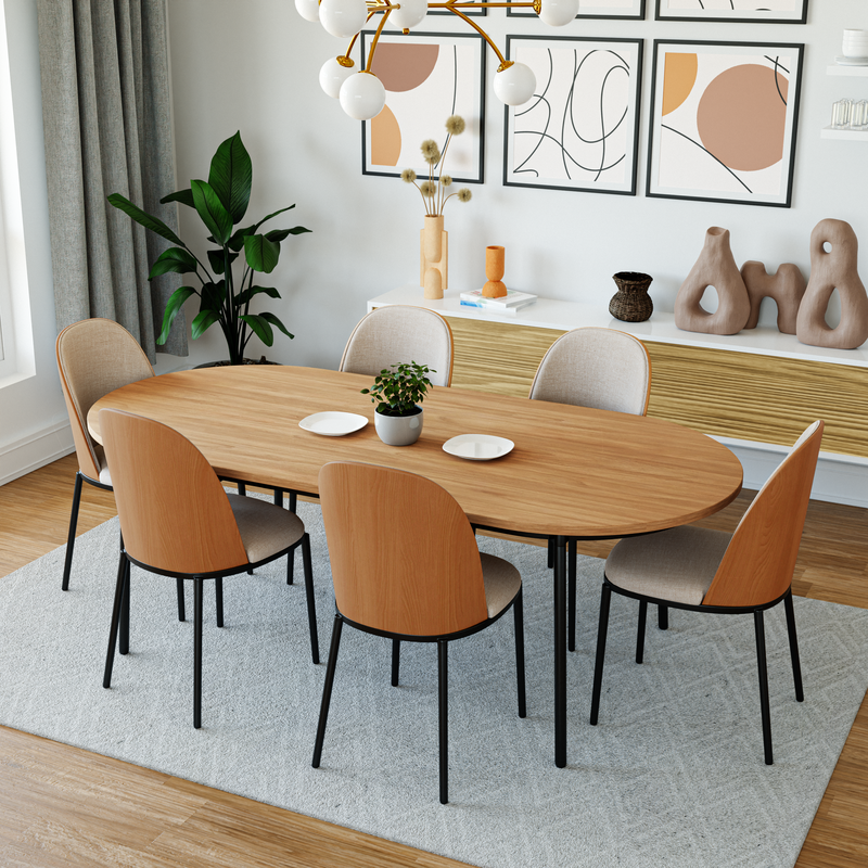 LeisureMod Tule Mid-Century Modern Dining Side Chair with Velvet Seat and Powder-Coated Steel Frame Natural Wood/Beige at Table.