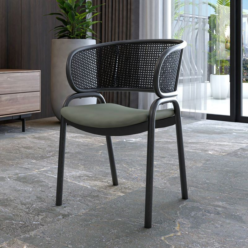 LeisureMod Ervilla Dining Armchair in Black Steel Frame with Black Wicker Back and Grey Seat with Background.