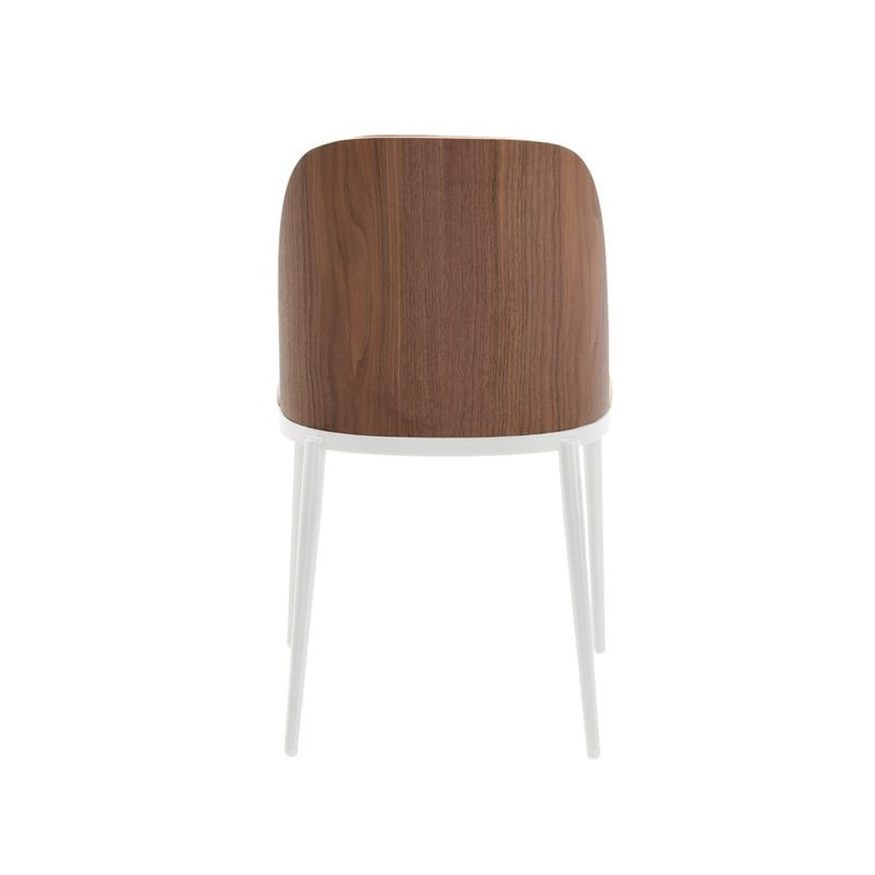 LeisureMod Tule Mid-Century Modern Dining Side Chair with Leather Seat and White Powder-Coated Steel Frame Walnut/Light Brown Back View.