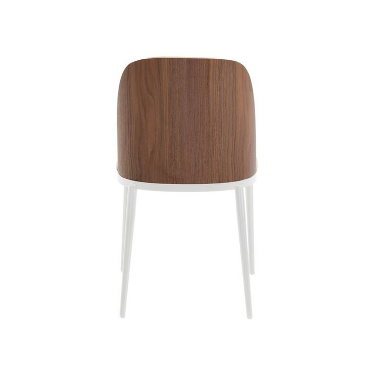 LeisureMod Tule Mid-Century Modern Dining Side Chair with Leather Seat and White Powder-Coated Steel Frame Walnut/Light Brown Back View.