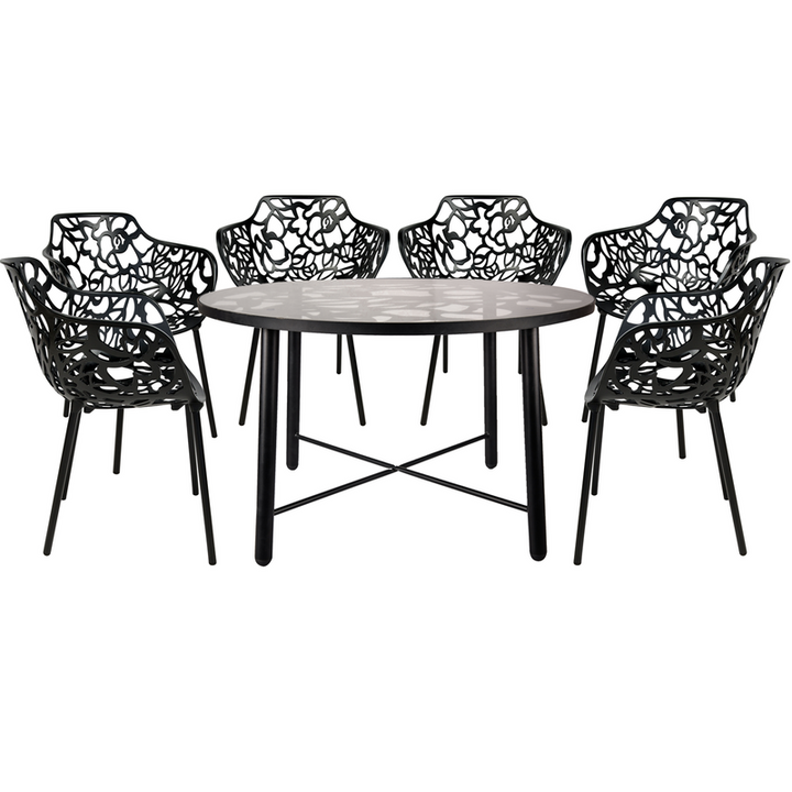 LeisureMod Devon Mid-Century Modern 7-Piece Aluminum Outdoor Patio Dining Set with Tempered Glass Top Table and 6 Stackable Flower Design Armchairs Black