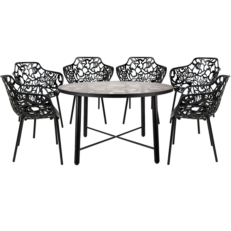 LeisureMod Devon Mid-Century Modern 7-Piece Aluminum Outdoor Patio Dining Set with Tempered Glass Top Table and 6 Stackable Flower Design Armchairs Black