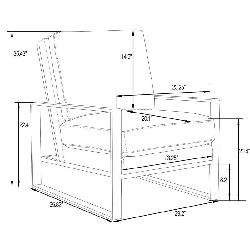 LeisureMod Jefferson Velvet Design Accent Armchair with Gold Brass Finish Frame Light Gray Dimensions Chart