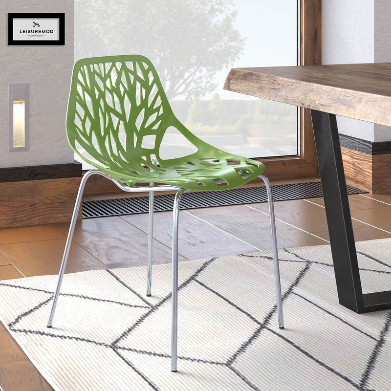 LeisureMod Modern Asbury Dining Chair w/ Chromed Legs Green at Table.