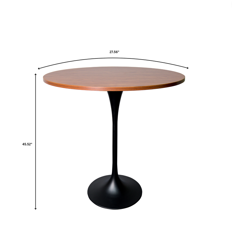 LeisureMod Verve Collection Modern Bar Height Table Black Base with 27" Round Cognac Brown MDF Top Dimensions.