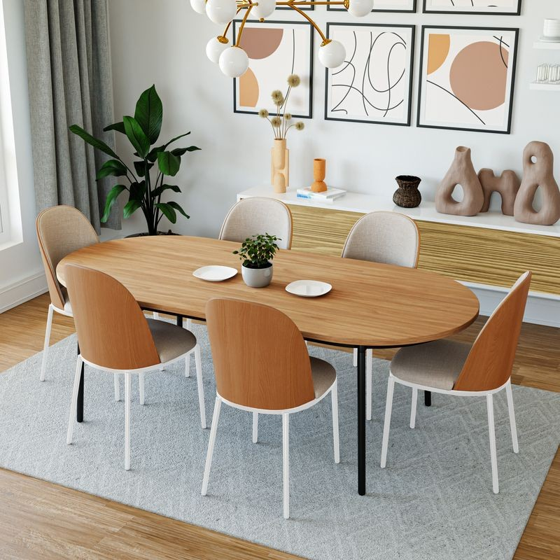 LeisureMod Tule Mid-Century Modern Dining Side Chair with Velvet Seat and White Powder-Coated Steel Frame Natural Wood/Beige at Table.