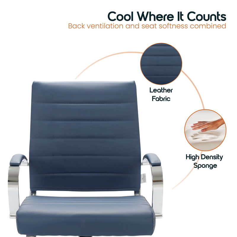 Blue chair with text highlighting back ventilation and seat softness, on a white background.