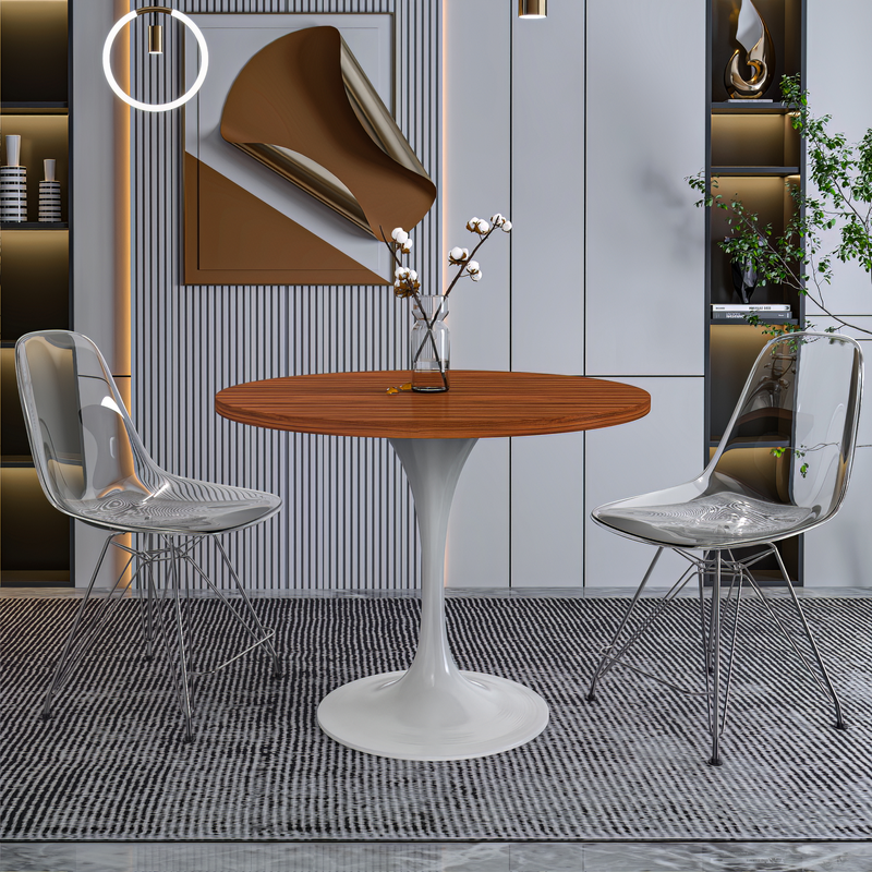 LeisureMod Verve Collection 36 Round Dining Table, White Base with Cognac Brown MDF Top with Chairs.