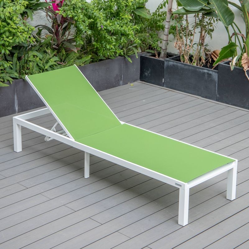 LeisureMod Marlin Patio Chaise Lounge Chair with White Aluminum Frame Green