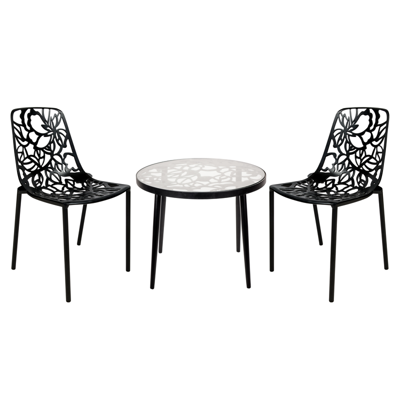 LeisureMod Devon Mid-Century Modern 3-Piece Aluminum Outdoor Patio Dining Set with Tempered Glass Top Table and 2 Stackable Flower Design Chairs