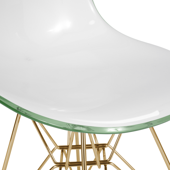 LeisureMod Cresco Molded 2-Tone Eiffel Side Chair with Gold Base in White Green Closeup.