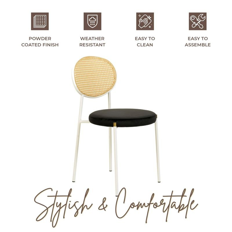 Chair with rattan backrest and black seat, featuring product features on a white background.